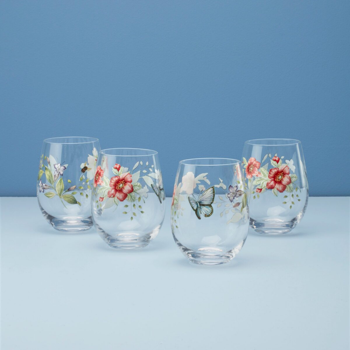 Floral Stemless Wine Glasses - Set of 4